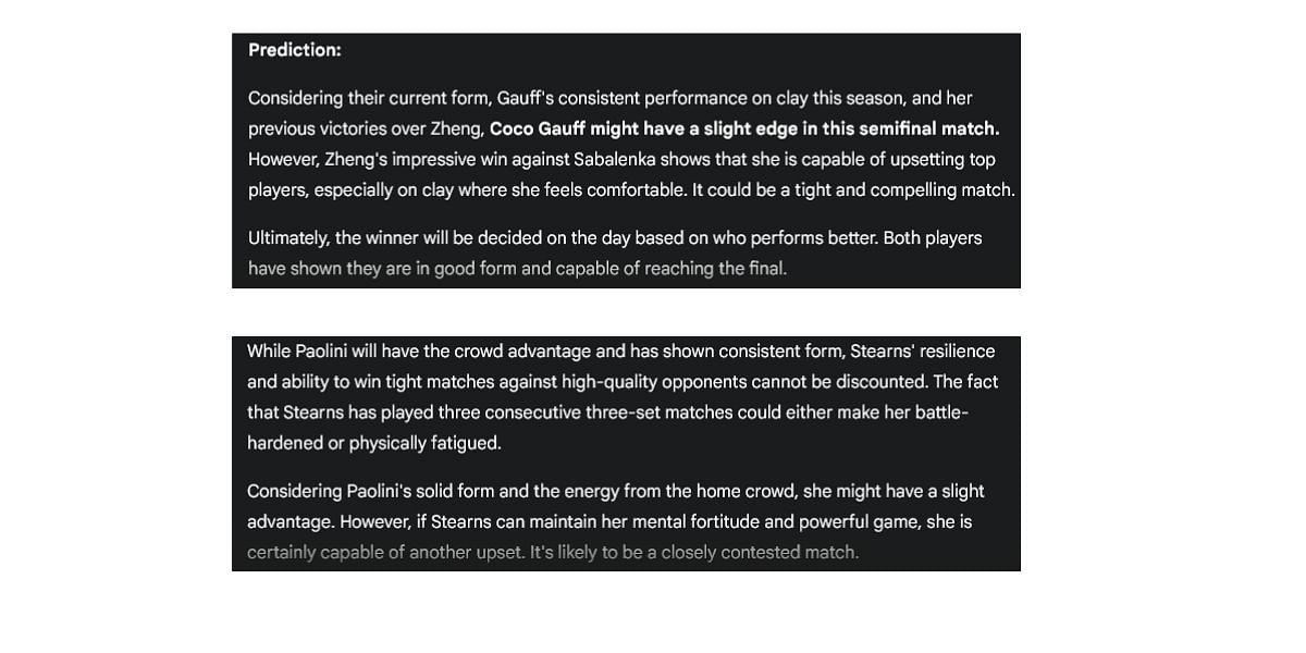Gemini AI prediction for the Italian Open 2025 women's semifinals.